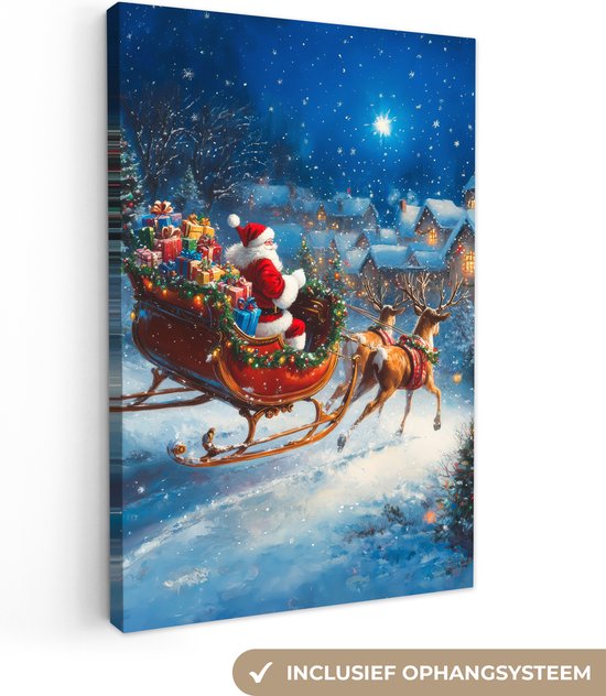 Canvas schilderij 80x120 cm - Wanddecoratie Kerstman - Rendier - Kerst - Sneeuw - Muurdecoratie woonkamer - Slaapkamer decoratie - Kamer accessoires - Schilderijen op canvas - Kerstdecoratie voor binnen - Kerstversiering - Kerstmis versiering
