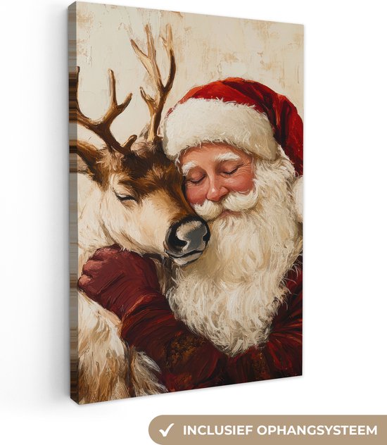 Canvas schilderij 90x140 cm - Wanddecoratie Kerstman - Rendier - Kerst - Christmas - Muurdecoratie woonkamer - Slaapkamer decoratie - Kamer accessoires - Schilderijen op canvas - Kerstdecoratie voor binnen - Kerstversiering - Kerstmis versiering