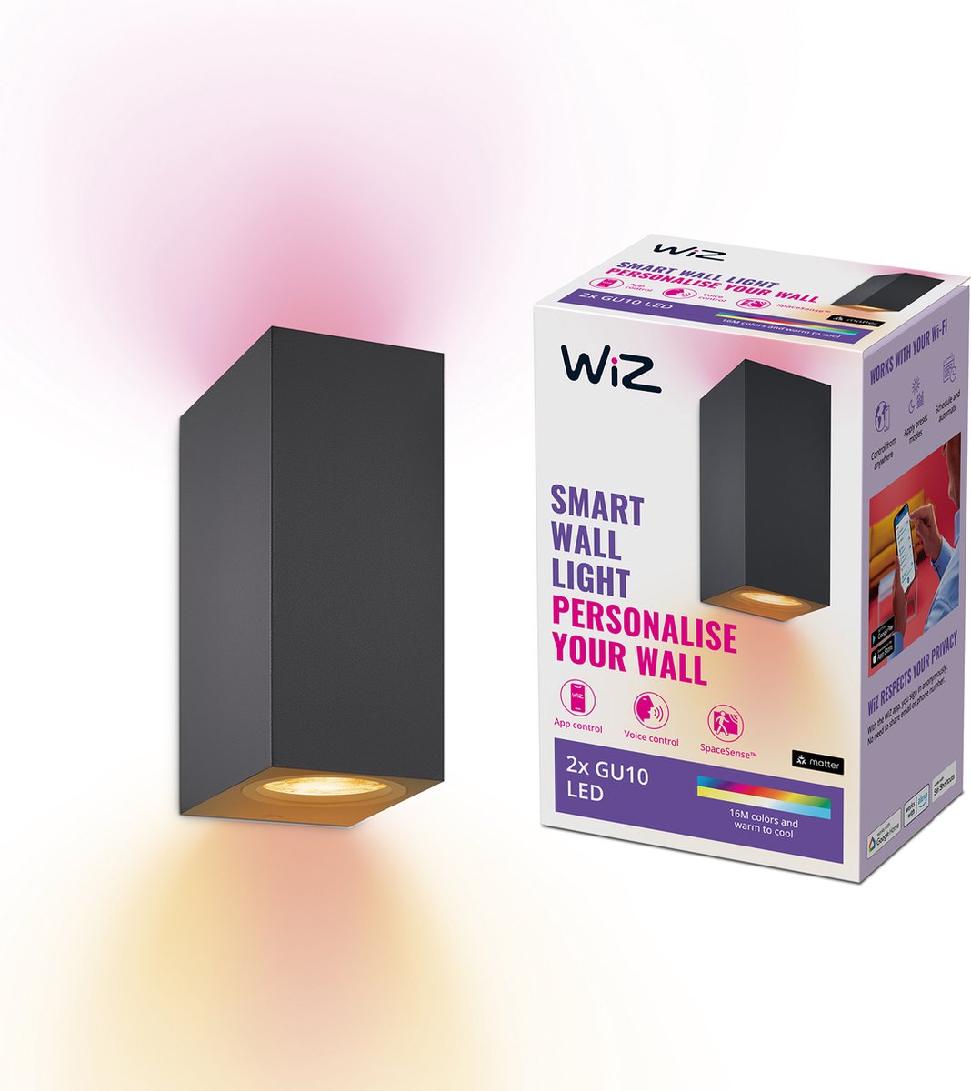 WiZ Up and Down Wandlamp Zwart 2 spots - Slimme LED-Verlichting - Gekleurd en Wit Licht - GU10 - 2x 5W - Wi-Fi