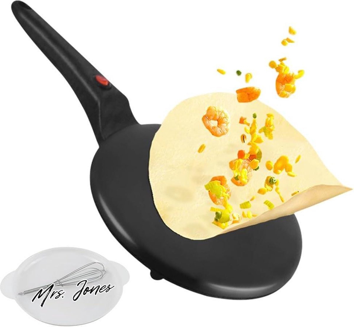 Mrs. Jones Crêpes Maker Elektrische crêpemaker anti-aanbak-pannenkoekenmaker cool touch-handvat instant crêpemaker 600 W huishouden draagbaar en eenvoudig te reinigen met kom voor levensmiddelen .