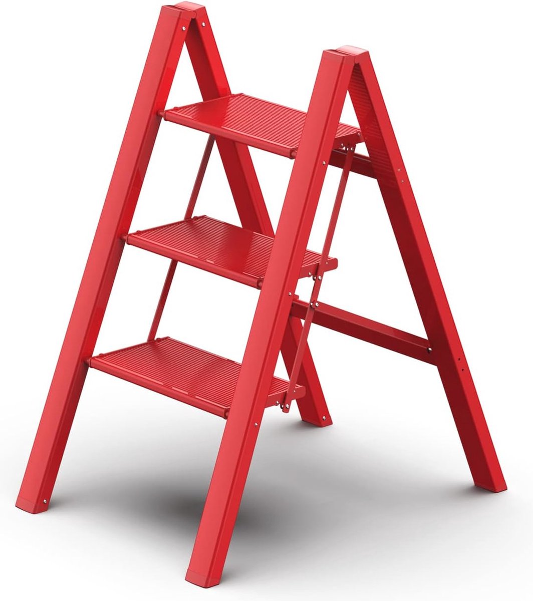 Opvouwbare Aluminium Ladder - 3-traps Antislip Trap voor Thuis en Keuken, Lichtgewicht en Stevig Tot 150 kg