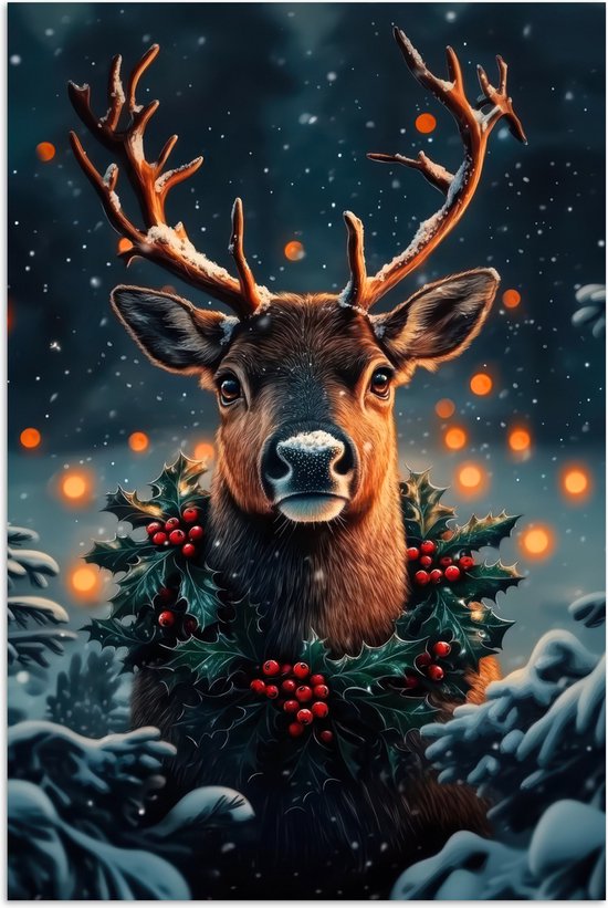 Poster 80x120 cm - Hert - Kerst - Winter - Sneeuw - Kerstkrans - Posters - Kamer decoratie - Wanddecoratie woonkamer - Kerstdecoratie voor binnen - Kerstversiering - Kerstmis versiering in huis - Kerstaccessoires