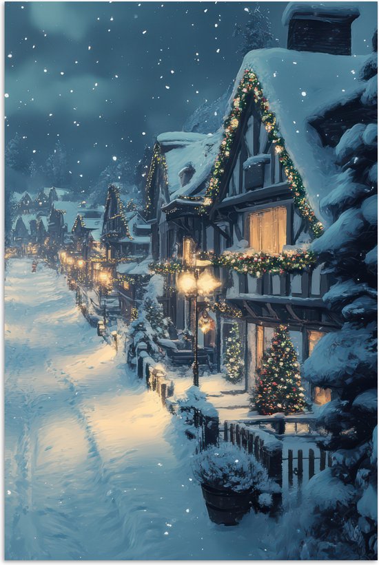 Poster 60x90 cm - Kerstdorp - Kerst - Sneeuw - Winter - Posters - Kamer decoratie - Wanddecoratie woonkamer - Kerstdecoratie voor binnen - Kerstversiering - Kerstmis versiering in huis - Kerstaccessoires