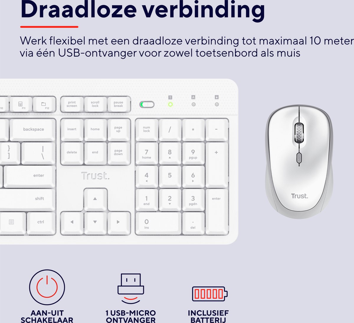 Trust ODY V2 - Draadloos Toetsenbord en Muis - Stil - Qwerty - Wit thumbnail 2