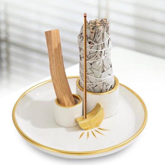 BEYLAB Salie wierookhouder witte salie voor keramische wierookstokjeshouder, Palo Santo holder, wierookkom, kaarsen, smudge, houder minimalistische decoratie (Geel bruin