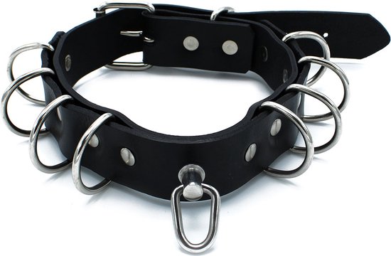 Kiotos - Zwarte Lederen Collar met Meerdere D-Ringen
