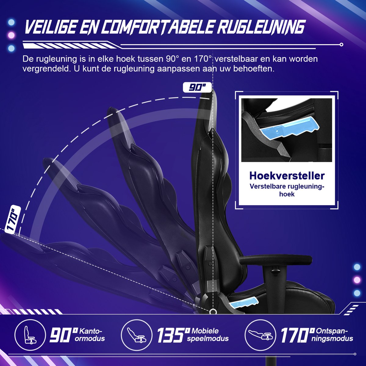 Afbeelding 3 van Hiaonyx gamestoel - gaming stoel met 170° verstelbare rugleuning - In hoogte verstelbare armleuningen Game Stoel - Maximale Belastbaarheid 150kg - Zwart
