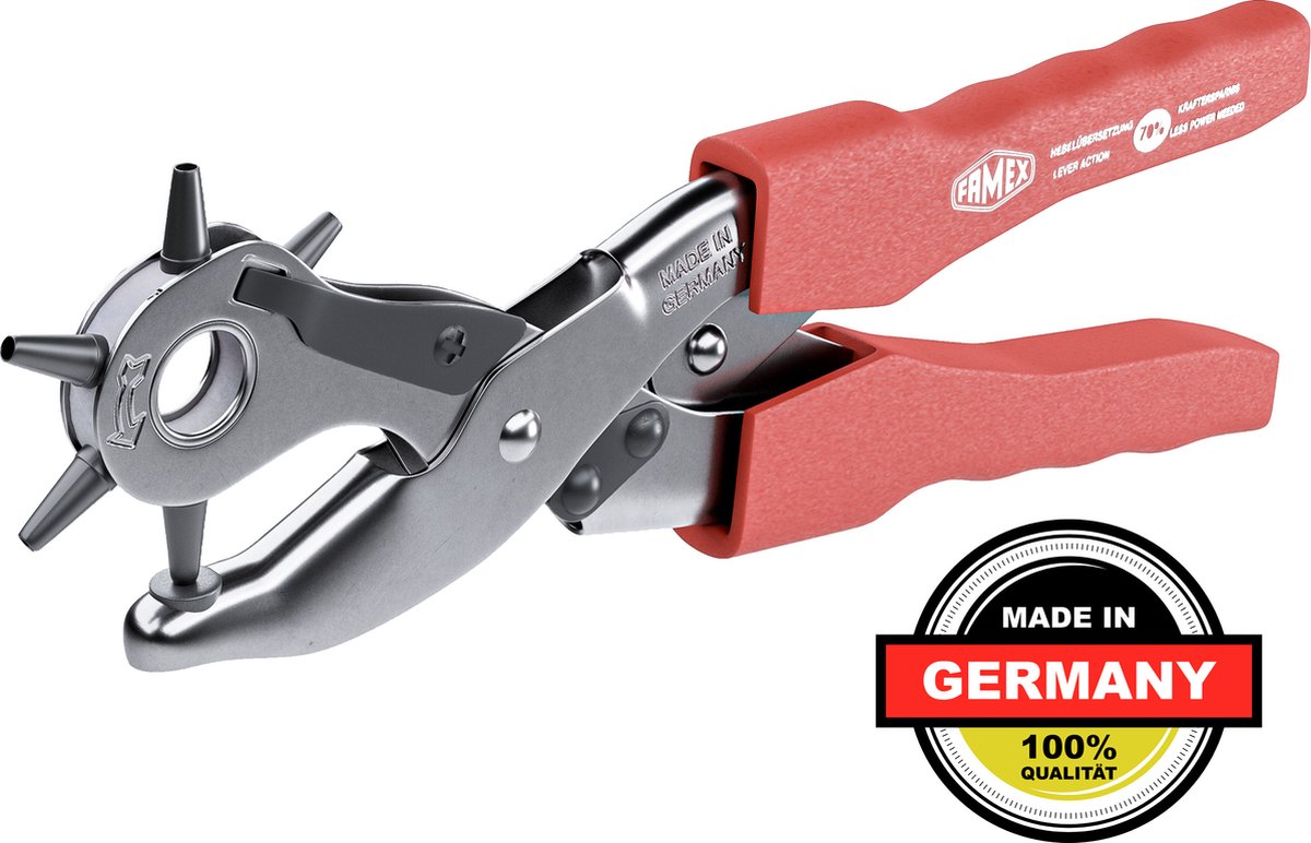 FAMEX 3519 Gaatjestang PROFESSIONAL voor Leer ca. 70% krachtbesparing, Revolvertang met Hefverhouding, voor Riemen, Perforatietang