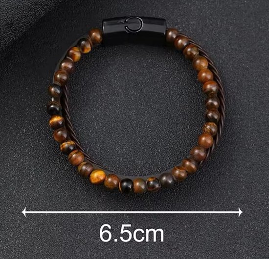 Bracelet Set Oeil De Tigre | Hommes | Fermeture magnétique | cuir et perles | Marron 21cm | Set de Bracelets | Cadeau pour lui | homme d'anniversaire