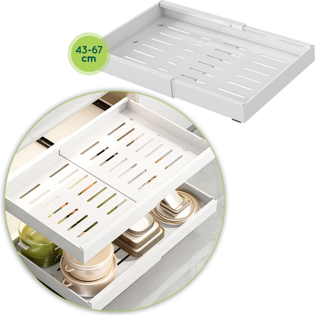 Schuiflade keukenkast - Keukenkast Organizer Ladesysteem - Wit - Verstelbaar 43 - 67 cm - Gootsteenkast Organizer