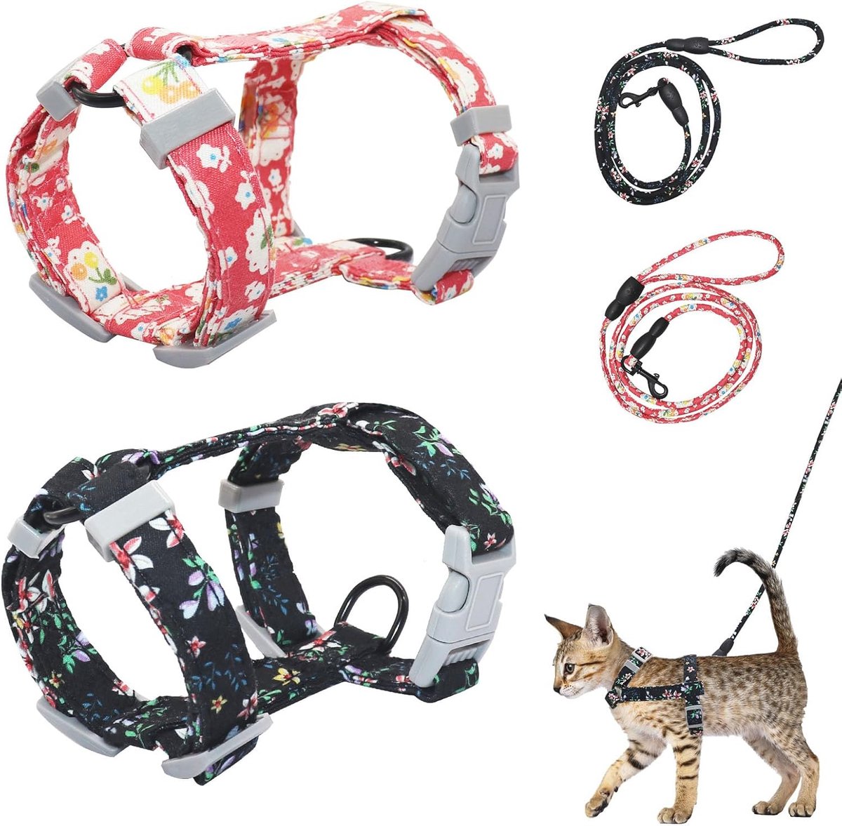 Verstelbare kattenharnassen set van 2 met riem - Zacht, comfortabel en anti-ontsnapping