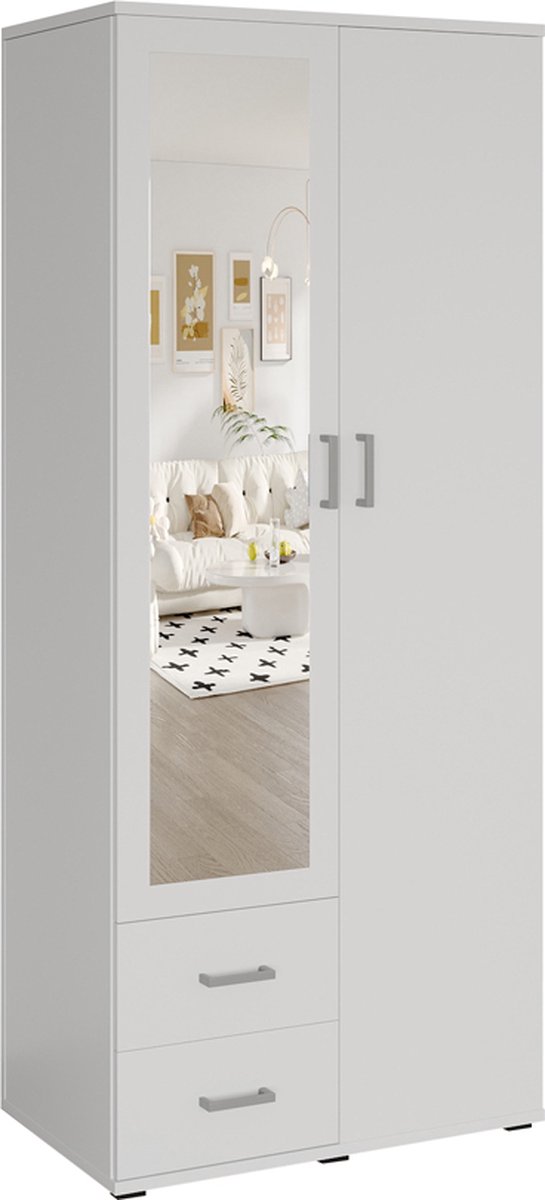 Rousseau Kledingkast 'Marc' 2 deuren met spiegel Wit - 80cm breed