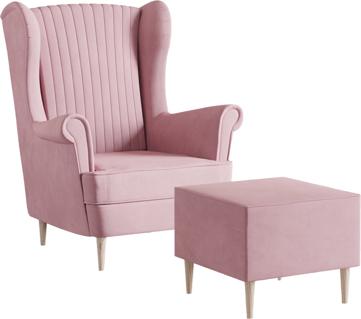 Ohrensessel, fauteuil van fluweel, stoel, zitmeubel, gestoffeerde fauteuil, relaxfauteuil - Fauteuil Comfy met Hocker - Roze (Manila 09)