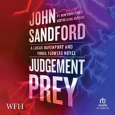 Boekomslag met de titel "Judgement Prey" van John Sandford, #1 New York Times bestseller auteur. Achtergrond met rode en blauwe bliksemschichten.