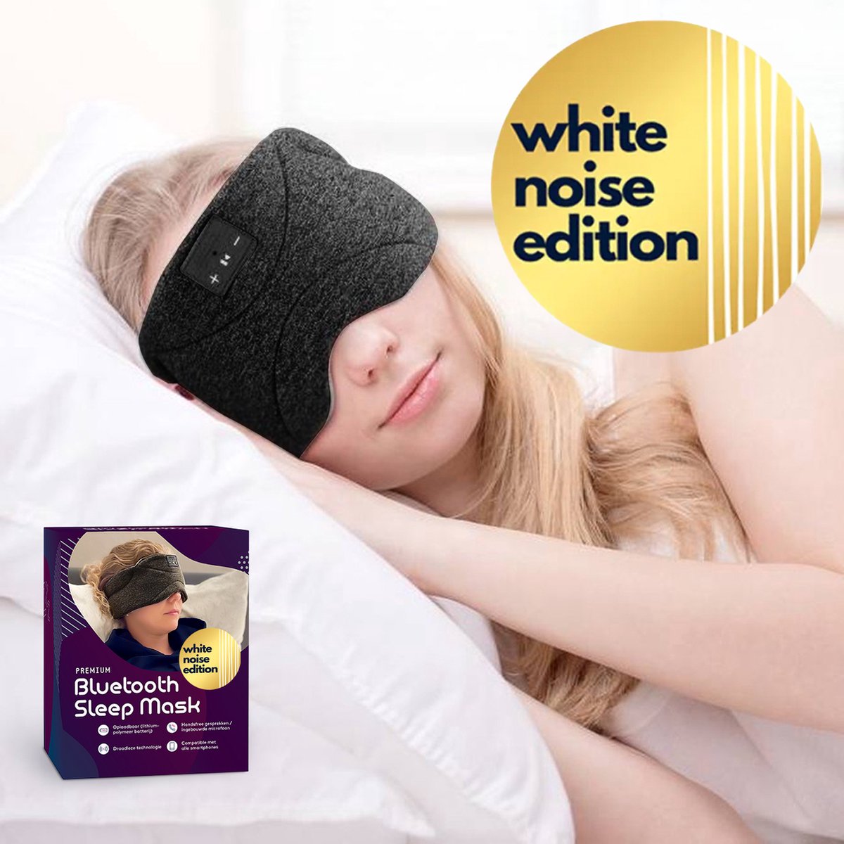 Premium Bluetooth Slaapmasker - 'White Noise' edition (limited) - 20 'ingebouwde' white noise geluiden (gebruik ook zonder Bluetooth/smartphone - 100% verduisterend - Ultraplatte 'spons speakers' (perfect voor zijslapers) - Koel en ademend materiaal — afbeelding 5