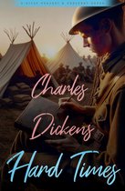 Boekomslag met de titel 'Hard Times' door Charles Dickens, met een soldaat die in de schemering in een tentenkamp schrijft.