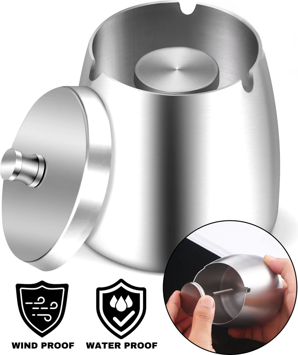 Goedkoopste Boncy® Premium Asbak met Deksel - Zilver RVS - Asbakken voor Buiten en Binnen - Asbak Auto