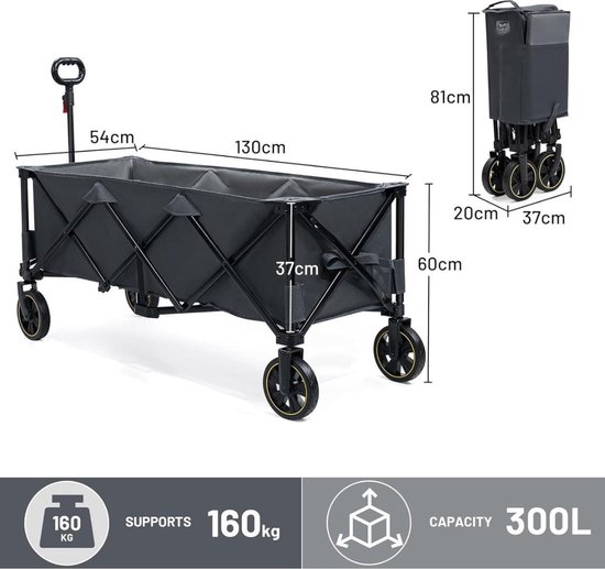 Opvouwbare XXXL Bolderkar met netten - 300 liter - 160 kg draagvermogen - transportwagen met rem - zijzak - bekerhouder - verstelbare handgreep - tuinwagen strandwagen - alle terreinen Bolderkar van Hastaqu. — afbeelding 3