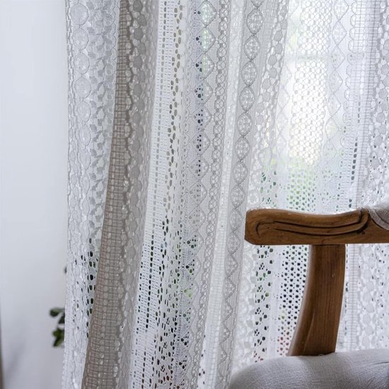 Crochets de rideaux Boho patchwork de kanten semi-occultant glands bohèmes faits à la main, passe-tringle fenêtre traitement vintage rustique ferme rideaux pour salon chambre, 2 panneaux 59"W x 63"L,- Wit