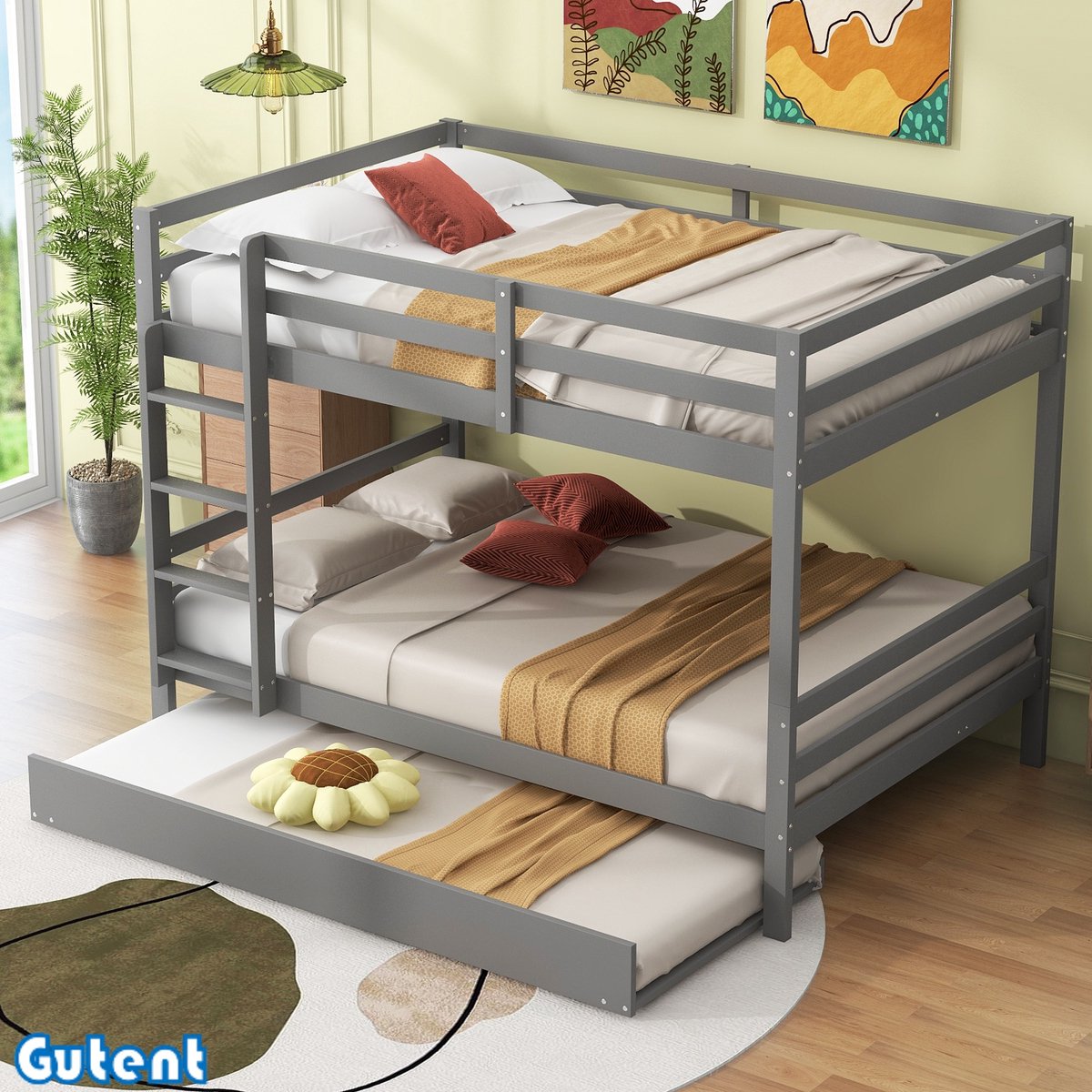 Gutent Kinderstapelbed - 140*200 cm - met uitschuifbaar bed - hoge relingen, Stabiele trap - Grijs - Geen matras