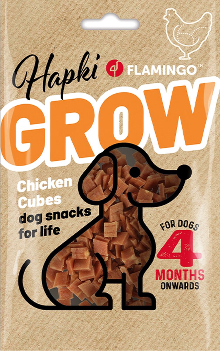 FLAMINGO HAPKI GROWTH chicken cubes - puppysnack -, - geen toegevoegde suiker - 85 gr hondensnack vanaf 4 maanden- verwensnack, trainingssnack - beloonsnack