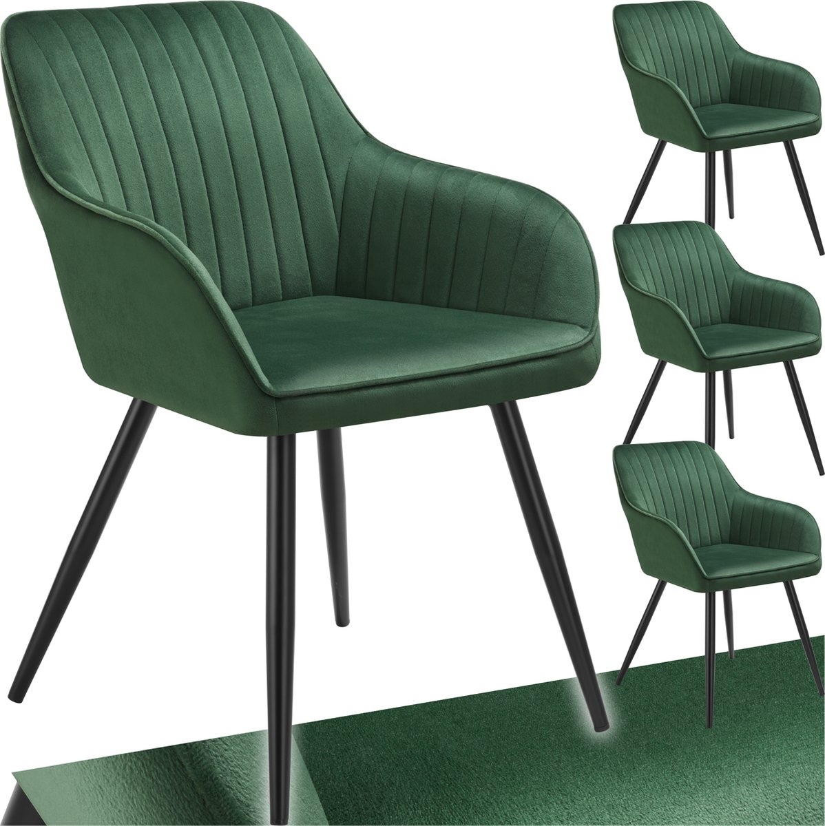 Tectake Fluwelen stoel met gestikt patroon - Set van 4 - Eetkamerstoel in fluweelstof - Moderne keukenstoel - Woonkamer, eetkamer, lounge of kaptafel - Div. kleuren - Donkergroen/zwart
