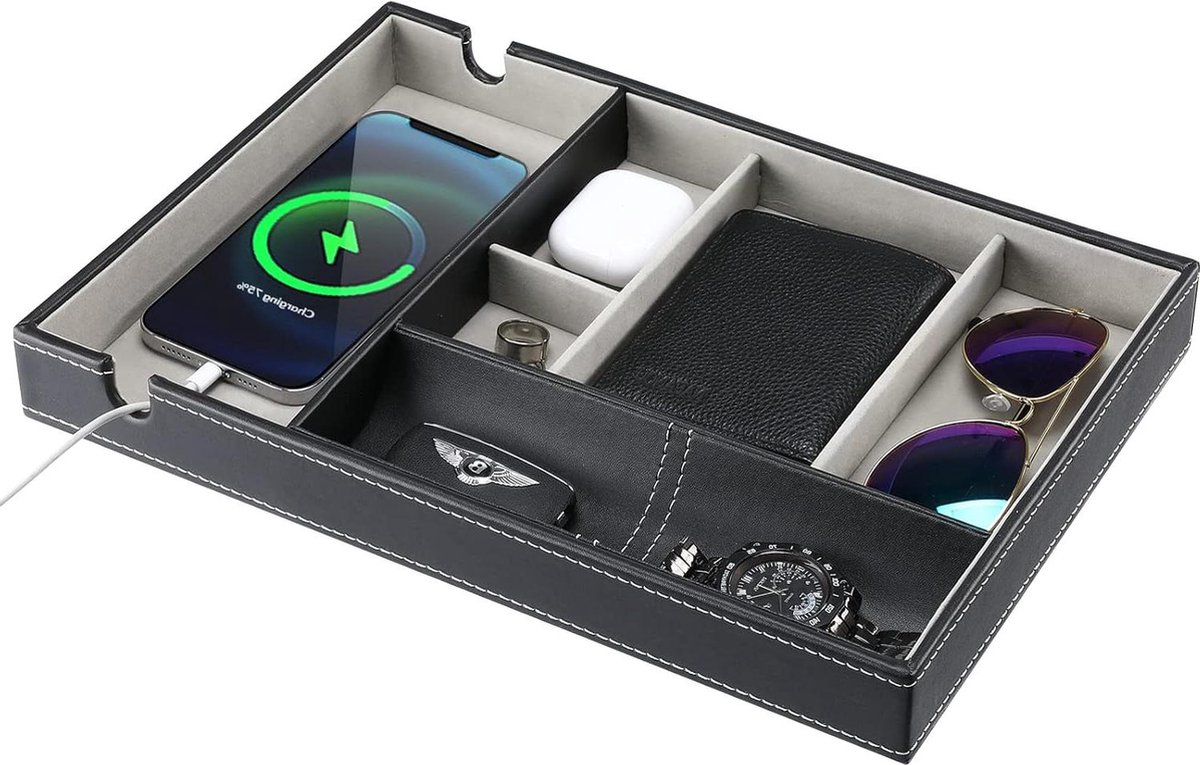 Opbergblad van PU-leer bureau-organizer met 6 vakken - Bureau-opbergbox voor mobiele telefoon horloge sleutels portemonnee - Zwart