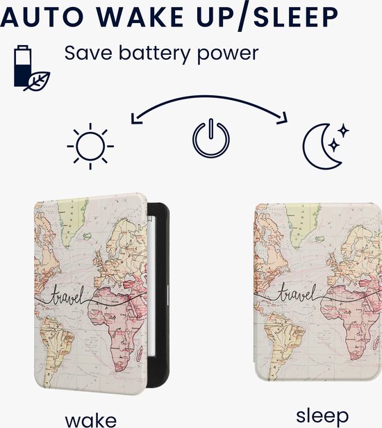 kwmobile e-reader hoesje geschikt voor Kobo Clara BW / Colour hoes - E reader flip case met magnetische sluiting - Ereader cover - Travel Wereldkaart design in zwart / meerkleurig van Merkloos — afbeelding 4