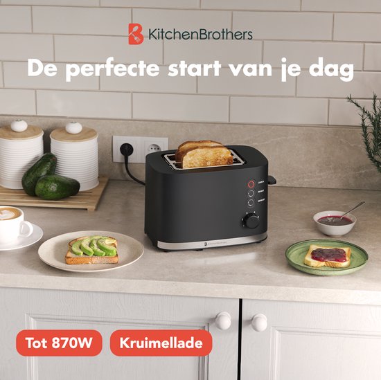 Grille-pain KitchenBrothers - Grille-pain - 6 niveaux de chaleur - Fentes Extra larges - 870 W - Zwart