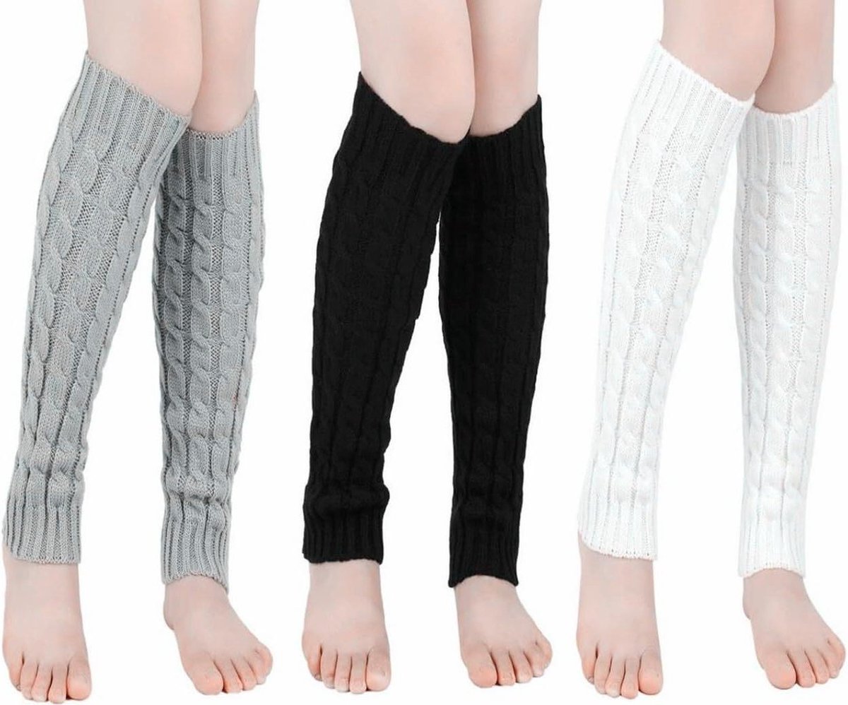 3 paar winterbeenwarmers - dames meisjes breiwerk zwart wit grijs - Eén maat .