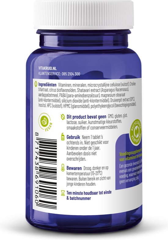 Achterkant van een potje Vitakruid supplement met vegan logo, ingrediënten en gebruiksaanwijzing.