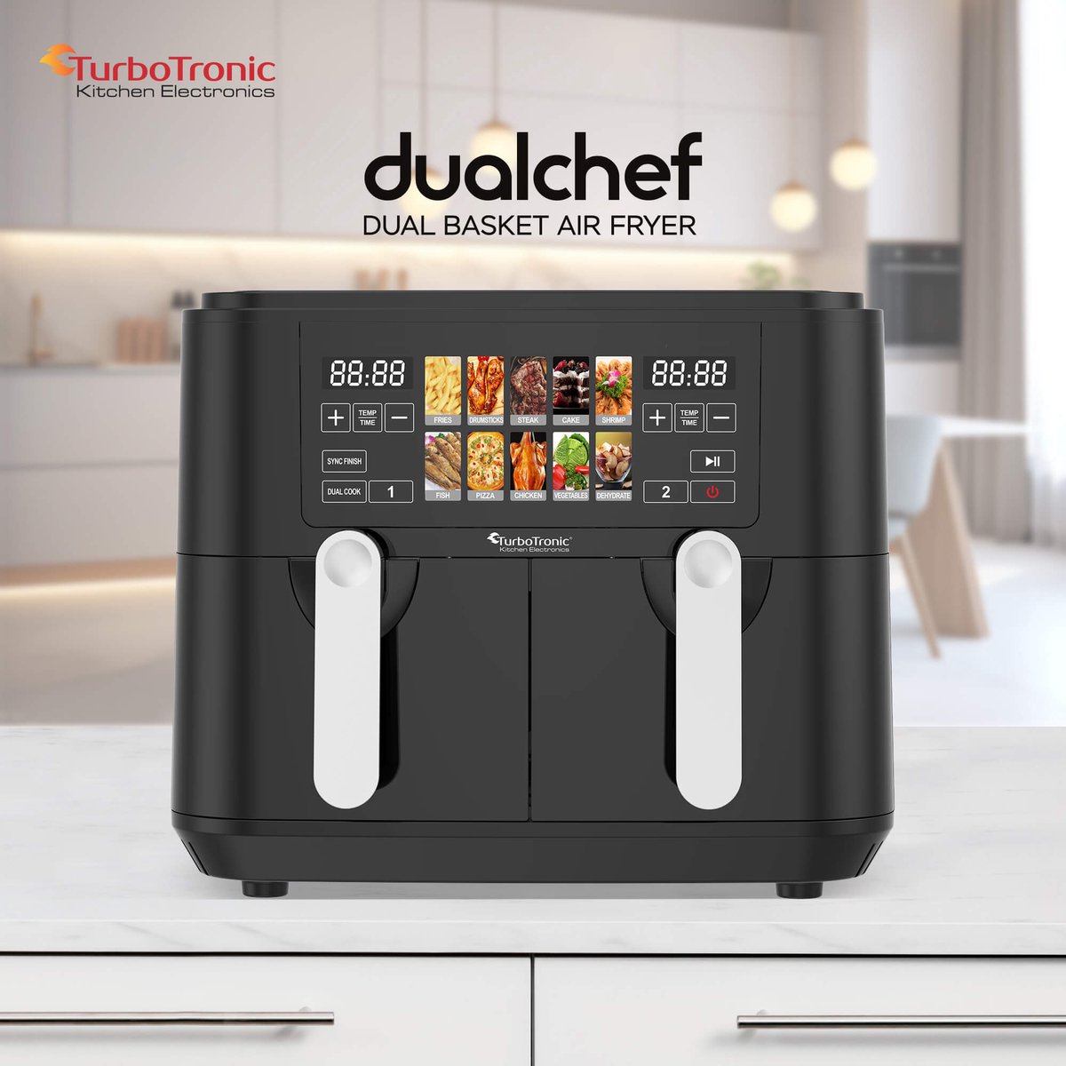 Afbeelding 2 van Turbotronic Airfryer XXL DualChef - 9L - 1600W - Heteluchtfriteuse - Dubbele Mand - 2 x 4.5L - 50ºC tot 200ºC - 10 Kookprogramma's - Zwart