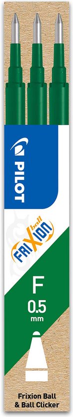 Doosje met 3 groene FriXion penvullingen, 0.5 mm fijne punt, met Pilot logo.