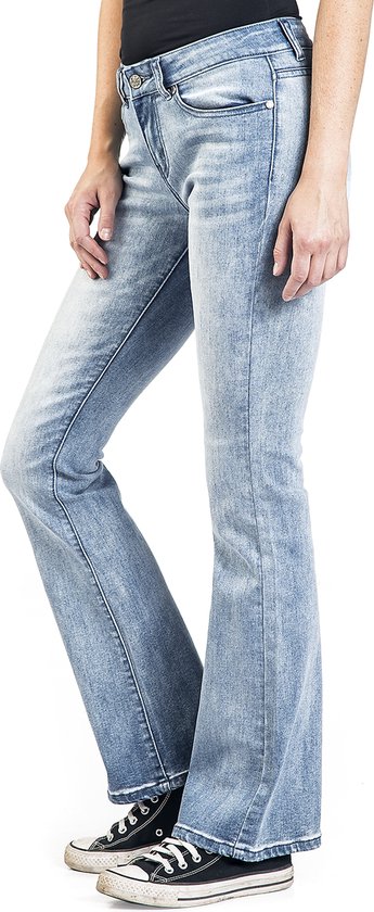 Lichtblauwe jeans met lichte wassing, op een model, van de zijkant gezien.