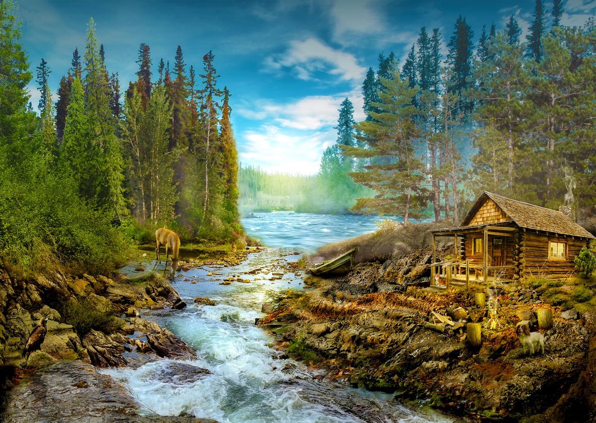 A Log Cabin by the Rapids Puzzel 1000 Stukjes