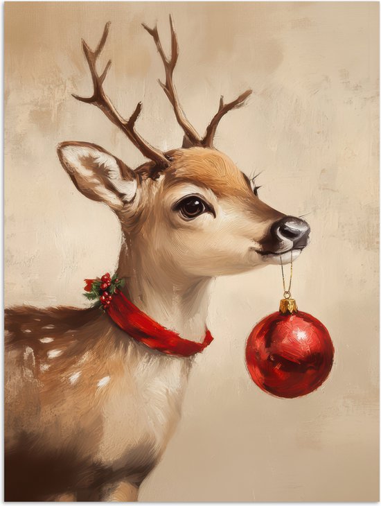 Poster 60x80 cm - Kerst - Hert - Gewei - Kerstbal - Rendier - Posters - Kamer decoratie - Wanddecoratie woonkamer - Muurdecoratie slaapkamer - Kerstversiering - Kerstdecoratie voor binnen - Kerstmis