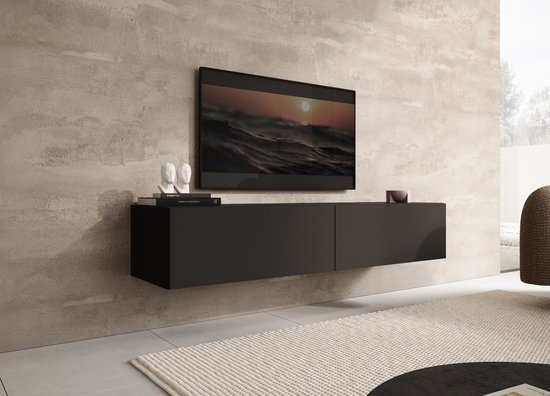 Zwart zwevend wandmeubel met twee deuren, gemonteerd onder een televisie.
