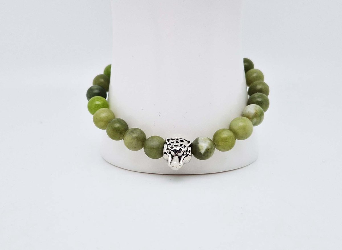 Handgemaakte natuursteen armband met Metalen vorm - Model 15 - "Kraal Koreaanse jade" -8 mm diameter van de korrel- Diameter armband 20 cm - Een mooi cadeau voor familie en vrienden