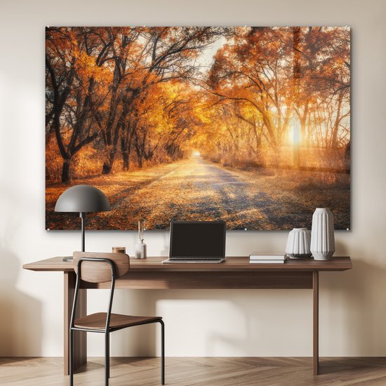 MuchoWow® Peinture sur verre 150x100 cm - Peinture sur verre acrylique - Forêt - Automne - Arbres - Chemin forestier - Nature - Photo sur verre - Décoration murale salon - Décoration murale chambre - Peintures