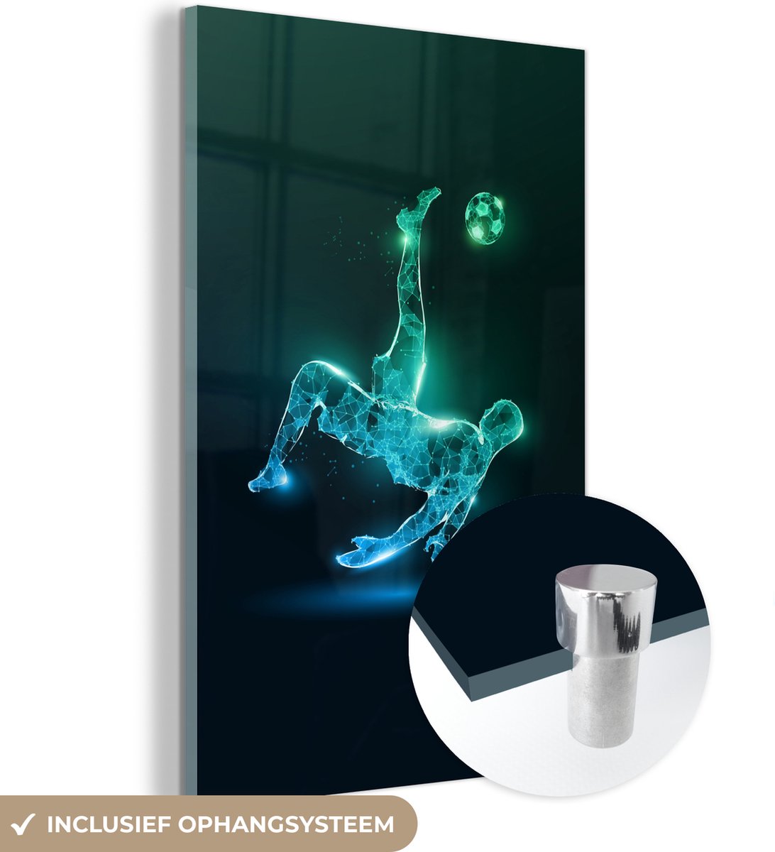 MuchoWow® Glasschilderij 40x60 cm - Schilderij acrylglas - Voetbal - Voetballer - Jongen - Zwart - Foto op glas - Muurdecoratie woonkamer - Wanddecoratie slaapkamer - Schilderijen