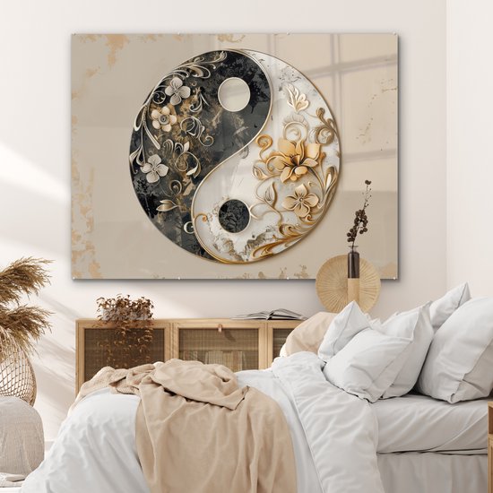 MuchoWow® Tableau sur verre 160x120 cm - Tableau sur verre acrylique - Yin Yang - Fleurs - Zwart - Wit - Vintage - Photo sur verre - Décoration murale salon - Décoration murale chambre - Peintures