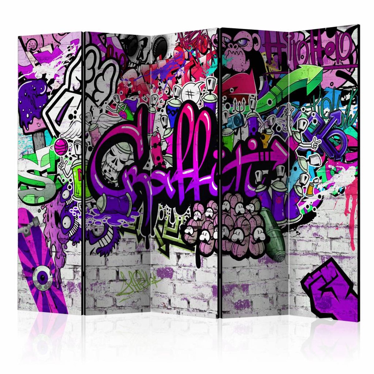 Vouwscherm / Kamerscherm - Paarse Graffiti 225x172cm , gemonteerd geleverd, dubbelzijdig geprint