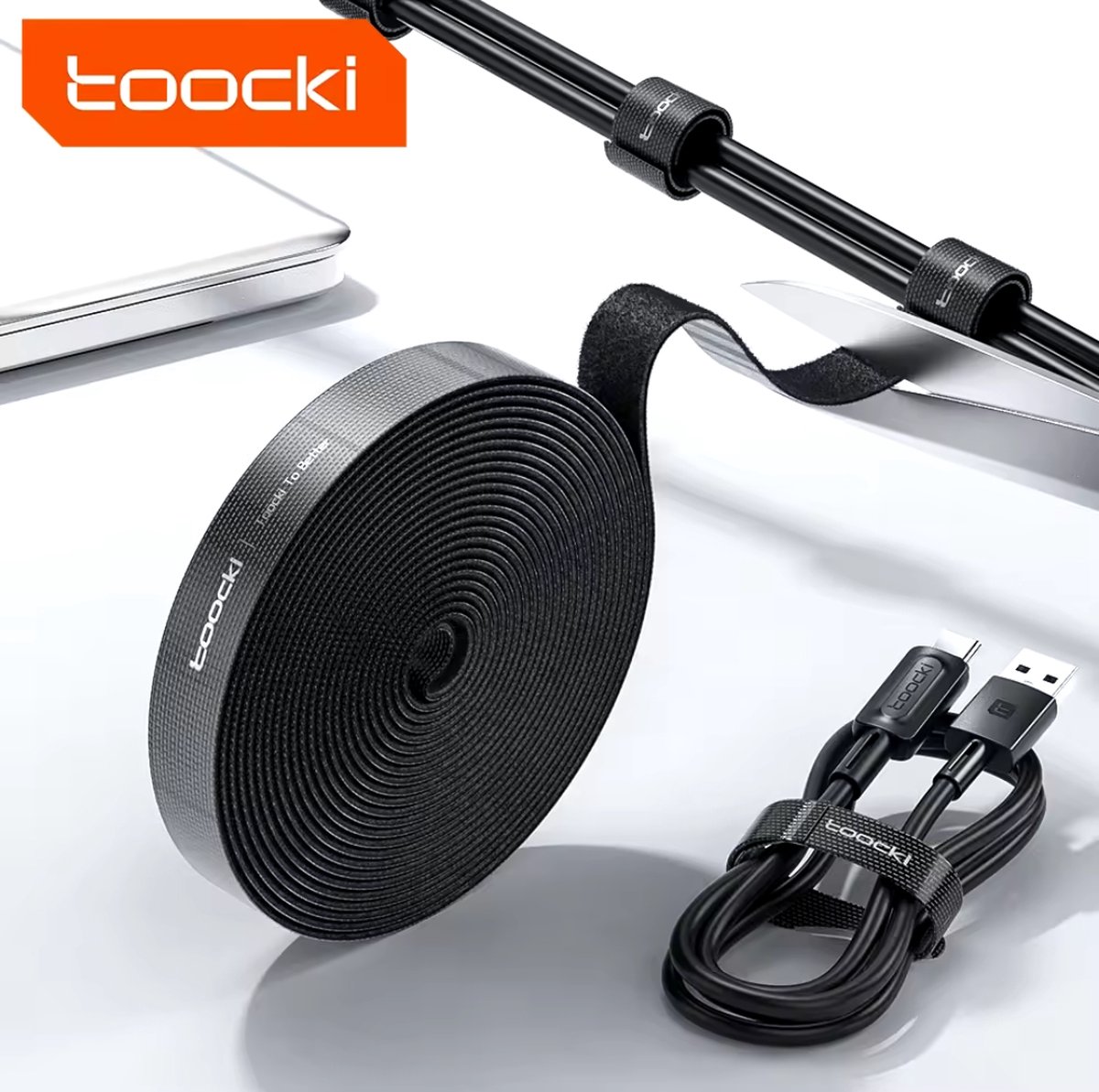 Toocki - Herbruikbare Kabel Organiser - Klittenband - Kabelbinders | Kabel Organiser -Klittenband Kabelbinders - ideaal voor kabel management – Rol van 2 meter | Zwart