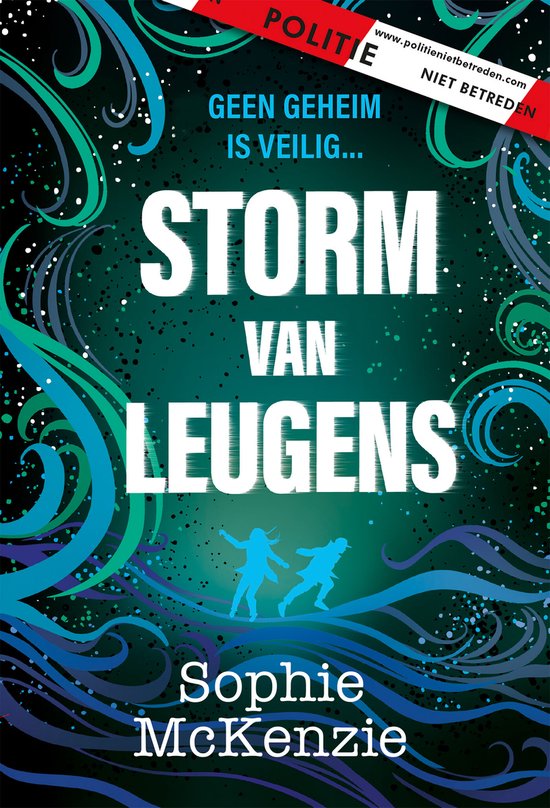 Boekcover 'Storm van leugens' met de titel in grote witte letters, twee silhouetten van rennende personen en een achtergrond met wervelende blauwe en groene patronen.