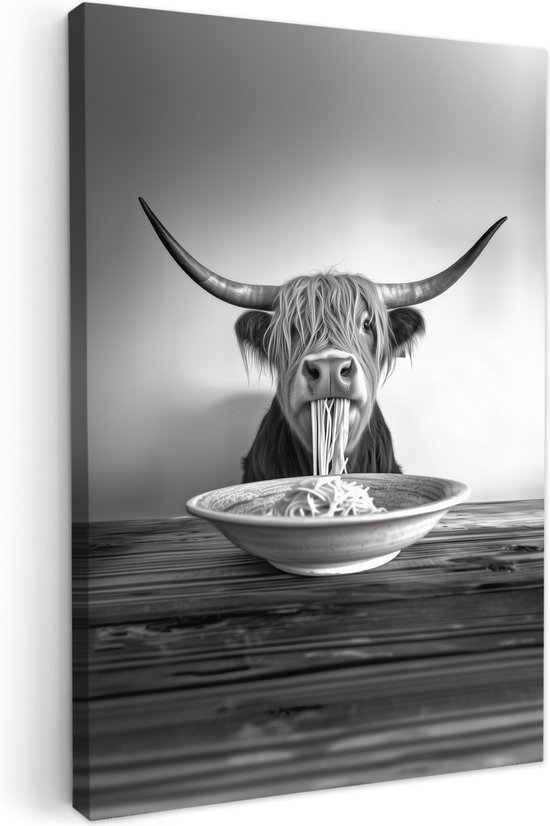 Canvas schilderij 40x60 cm - Wanddecoratie Schotse Hooglander - Spaghetti - Dieren - Zwart wit - Muurdecoratie accessoires - Keuken decoratie muur - Schilderijen op canvas