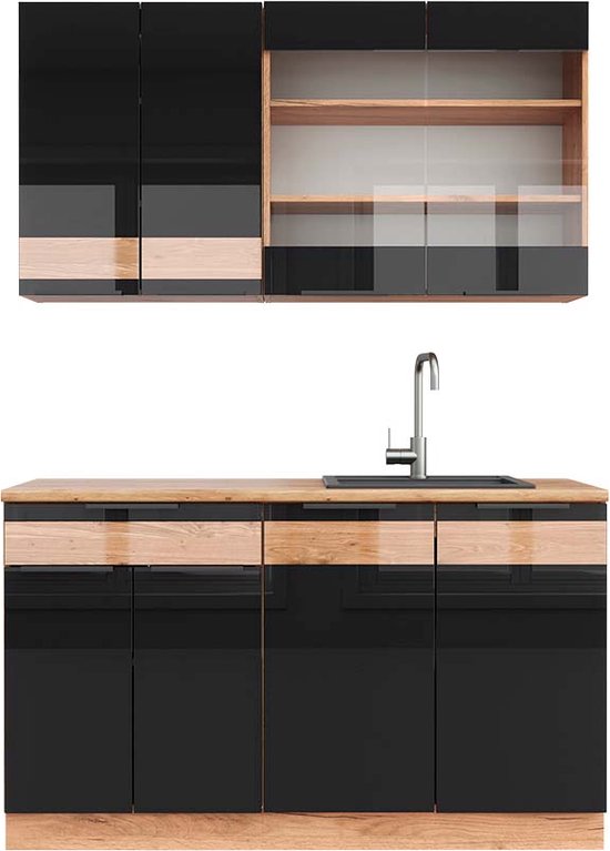 Hoekkeuken Fame-Line Wit hoogglans/goud power eiken 347 x 60 cm , WB Marmer Vicco Hoekkeuken Fame-Line Wit hoogglans/goud power eiken 347 x 60 cm , WB Marmer Vicco