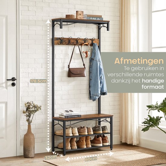 Kapstok met bruine houten planken, zwarte metalen frame, 15 haken, schoenenrek en afmetingen 80x32x178,5cm.
