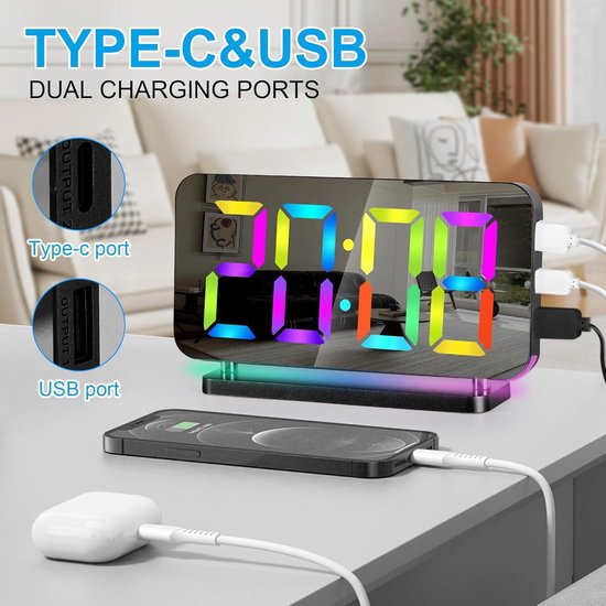 SZELAM Digital Clock, Alarm Clock, Night Alarm Clock, 7.4 Inch LED Mirror Clock with 10 Modes RGB Night Light, 11 Colours - Digital Display, Auto Dimming, USB-C Charging Port, Desk Clock with