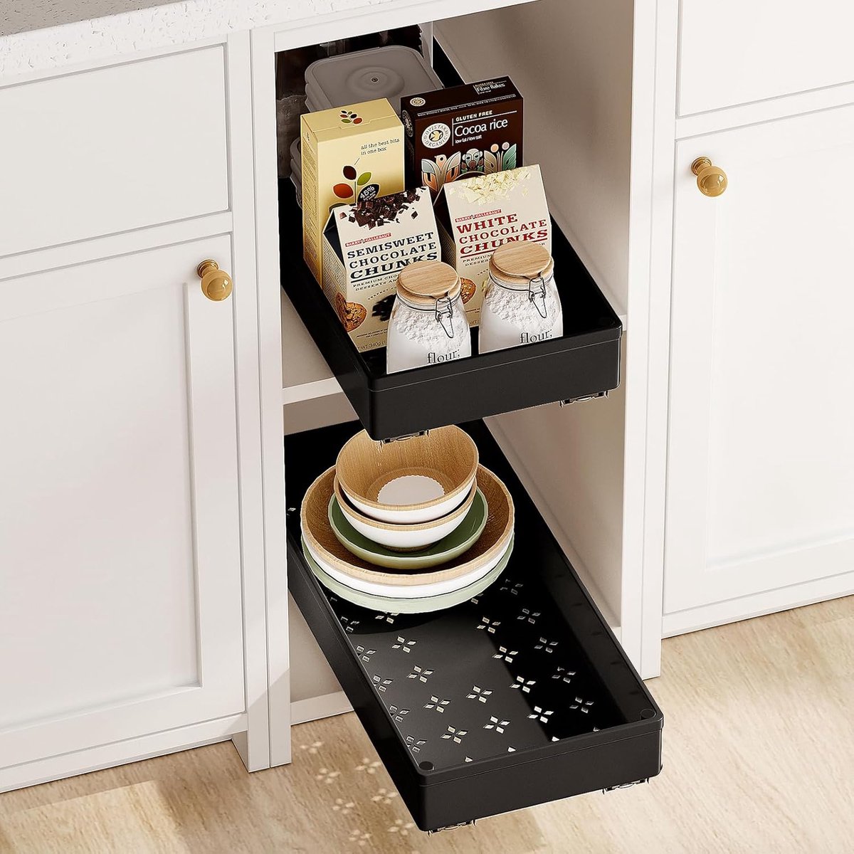 HAMON Uittrekbare lade voor de keuken, 25 cm, telescopische lade, achteraf inbouwen, pull slide out lade, wit, koolstofstaal, uittrekbare kastorganizer, geen boren en spijkeren nodig