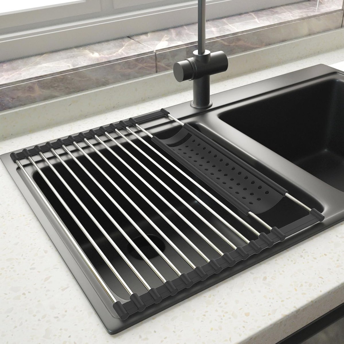 Goedkoopste Afdruiprek voor gootsteen - Inklapbaar en afneembaar, Roestvrij Staal, 43 cm x 32.5 cm, Zwart